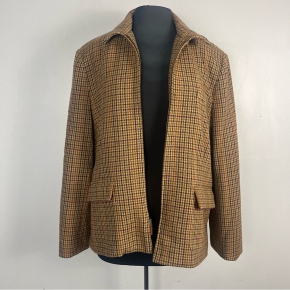 Ralph Lauren Wool Jacket Womens 16 Brown Houndstooth Plaid Equestrian Riding Zip - Picture 6 of 9